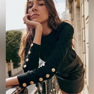Sezane Black Sweater with Gold Button Accents